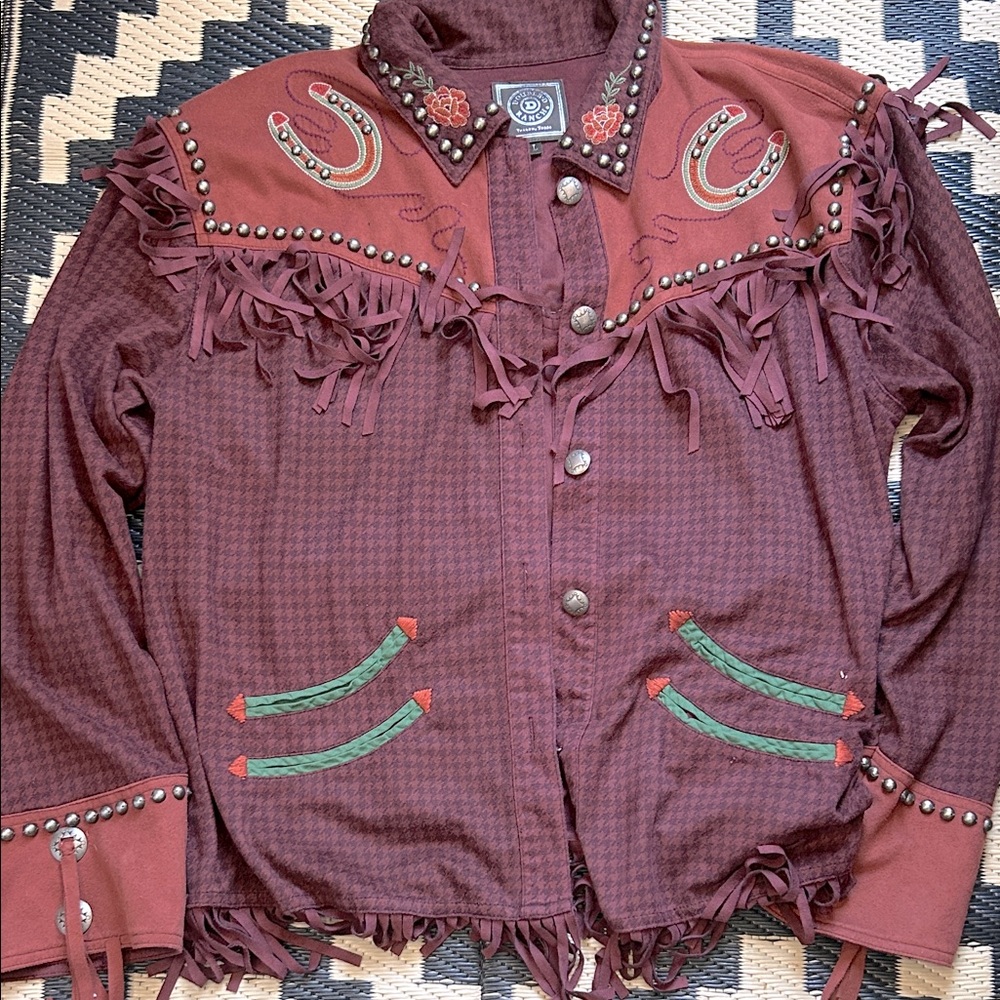EUC Double D Ranch Burgundy Houndstooth & Leather Fringe Jacket with Pockets